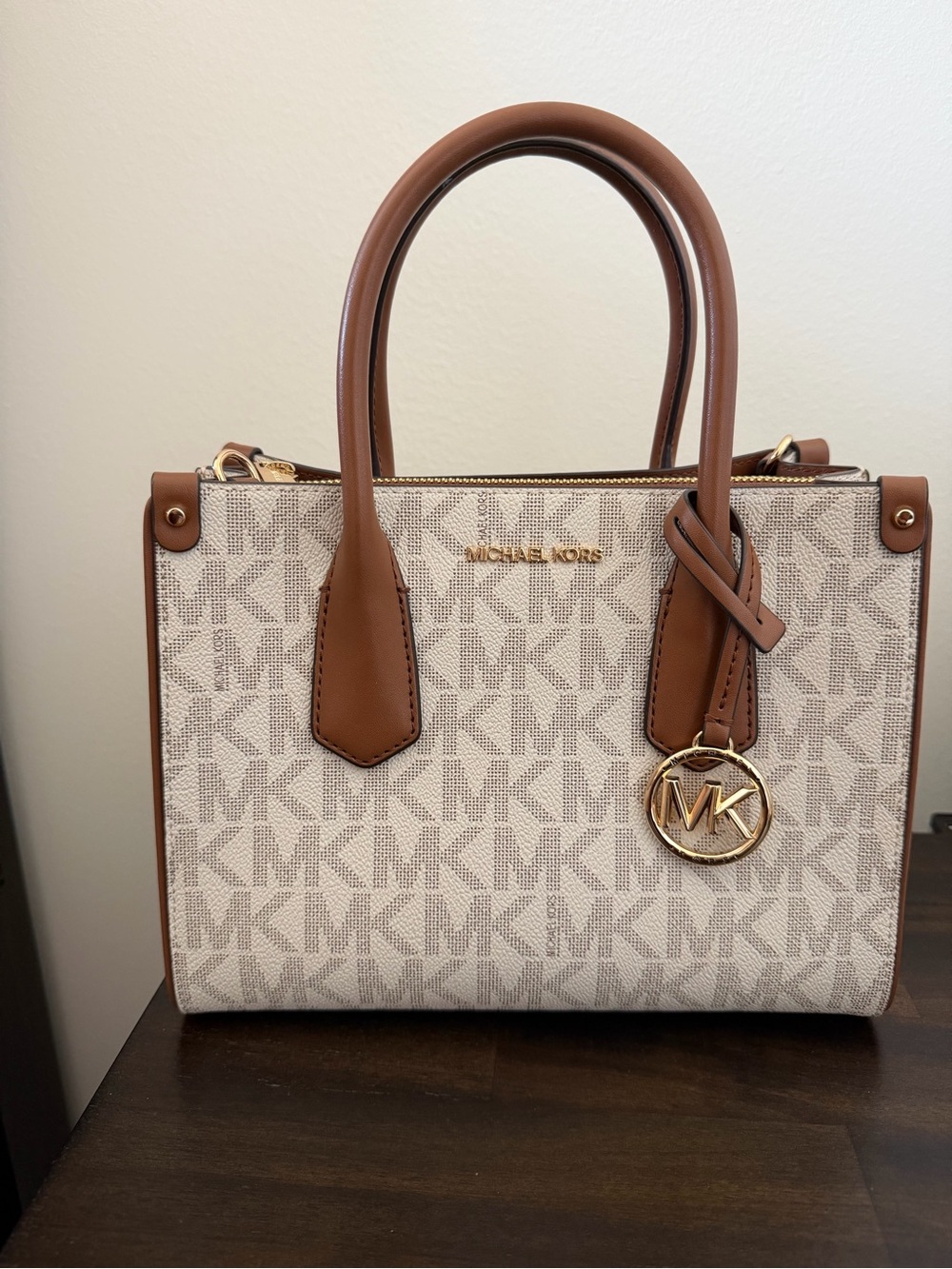 Michael Kors Vanilla Signature Satchel with Brown Leather Trim